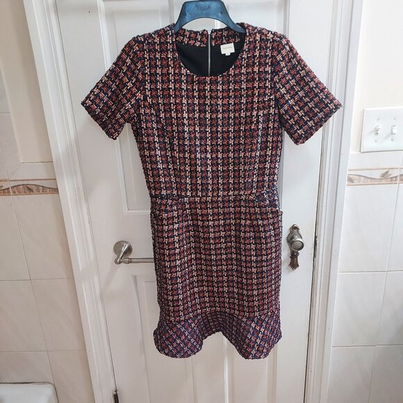 Pleione Red Blue Ruffle Tweed Short Sleeve Dress - Picture 2 of 8